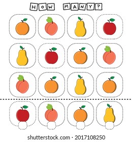 How many counting game with fruites orange, apple, peach, pear. Worksheet for preschool kids, kids activity sheet, printable worksheet