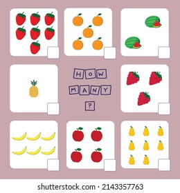 How many counting game with  fruites. Worksheet for preschool kids, kids activity sheet, printable worksheet