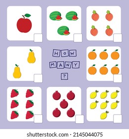 How many counting game with  fruites. Worksheet for preschool kids, kids activity sheet, printable worksheet