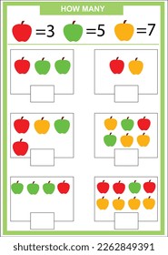 How many counting game with fruits for kids, educational maths task for the development of logical thinking, preschool worksheet activity, count and write the result, vector illustration