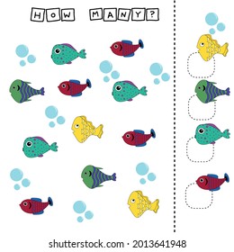 How many counting game with funny fishes. Worksheet for preschool kids, kids activity sheet, printable worksheet