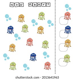 How many counting game with funny jellyfish. Worksheet for preschool kids, kids activity sheet, printable worksheet