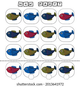 How many counting game with funny fishes. Worksheet for preschool kids, kids activity sheet, printable worksheet