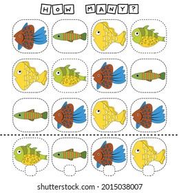 How many counting game with funny fishes. Worksheet for preschool kids, kids activity sheet, printable worksheet