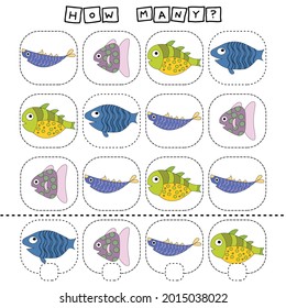 How many counting game with funny fishes. Worksheet for preschool kids, kids activity sheet, printable worksheet