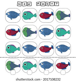 How many counting game with funny fishes. Worksheet for preschool kids, kids activity sheet, printable worksheet