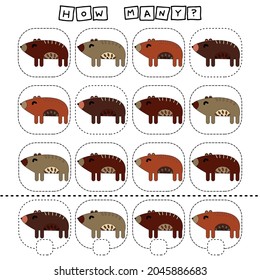 How many counting game with funny bears. Worksheet for preschool kids, kids activity sheet, printable worksheet