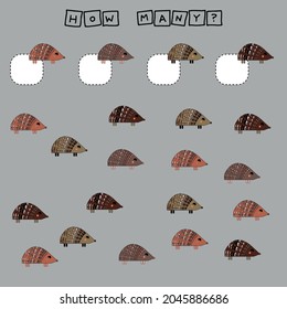How many counting game with funny hedgehog. Worksheet for preschool kids, kids activity sheet, printable worksheet