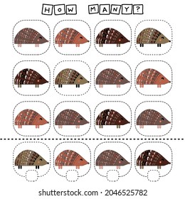 How many counting game with funny hedgehog. Worksheet for preschool kids, kids activity sheet, printable worksheet