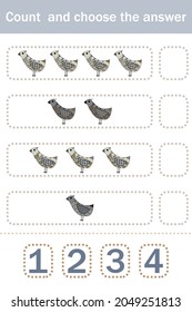 How many counting game with funny forest animals birds. Preschool worksheet, kids activity sheet, printable worksheet