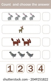 How many counting game with funny forest animals, deer, foxes, birds, rabbits. Preschool worksheet, kids activity sheet, printable worksheet