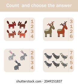 How many counting game with funny forest animals, deer, rabbits, fox, bird . Preschool worksheet, kids activity sheet, printable worksheet