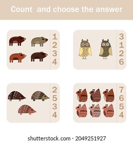 How many counting game with funny forest animals, squirrels, bears, hedgehogs, owls. Preschool worksheet, kids activity sheet, printable worksheet
