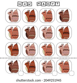How many counting game with funny squirreles. Worksheet for preschool kids, kids activity sheet, printable worksheet