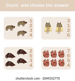How many counting game with funny forest animals, squirrels, bears, hedgehogs, owls. Preschool worksheet, kids activity sheet, printable worksheet