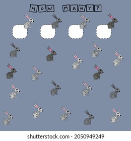How many counting game with funny  rabbits. Worksheet for preschool kids, kids activity sheet, printable worksheet
