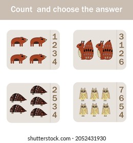 How many counting game with funny forest animals, squirrels, bears, hedgehogs, owls. Preschool worksheet, kids activity sheet, printable worksheet