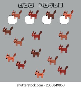 How many counting game with funny  foxes. Worksheet for preschool kids, kids activity sheet, printable worksheet