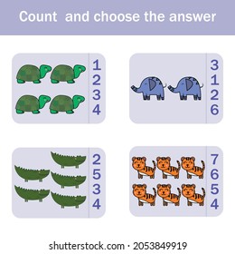 How many counting game with funny forest animal turtles, elephants, tigers, crocodiles. Preschool worksheet, kids activity sheet, printable worksheet