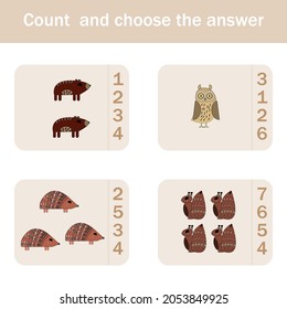 How many counting game with funny forest animals, squirrels, bears, hedgehogs, owls. Preschool worksheet, kids activity sheet, printable worksheet