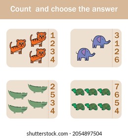 How many counting game with funny forest animal turtles, elephants, tigers, crocodiles. Preschool worksheet, kids activity sheet, printable worksheet