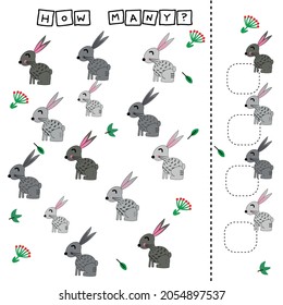 How many counting game with funny  rabbits. Worksheet for preschool kids, kids activity sheet, printable worksheet