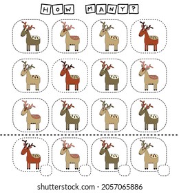 How many counting game with funny  deer. Worksheet for preschool kids, kids activity sheet, printable worksheet