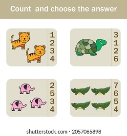 How many counting game with funny forest animal turtles, elephants, tigers, crocodiles. Preschool worksheet, kids activity sheet, printable worksheet