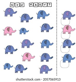 How many counting game with funny elephants . Worksheet for preschool kids, kids activity sheet, printable worksheet