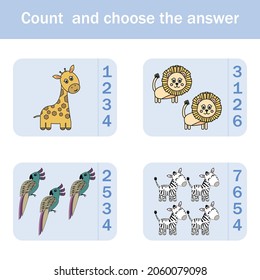 How many counting game with funny forest animal giraffe, parrots, zebras, lions. Preschool worksheet, kids activity sheet, printable worksheet