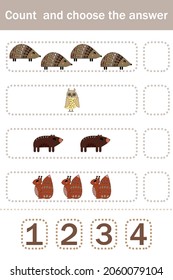 How many counting game with funny forest animals, squirrels, bears, hedgehogs, owls. Preschool worksheet, kids activity sheet, printable worksheet