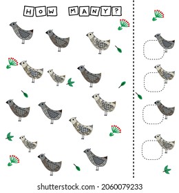How many counting game with funny  bird. Worksheet for preschool kids, kids activity sheet, printable worksheet