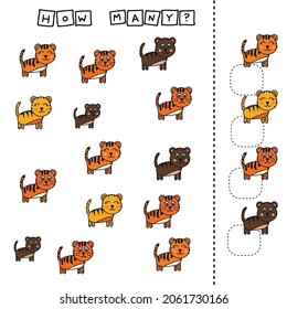 How many counting game with funny tigers. Worksheet for preschool kids, kids activity sheet, printable worksheet