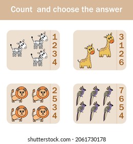 How many counting game with funny forest animal giraffes, parrots, zebras, lions. Preschool worksheet, kids activity sheet, printable worksheet