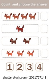 How many counting game with funny forest animal foxes. Preschool worksheet, kids activity sheet, printable worksheet