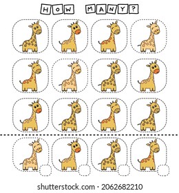 How many counting game with funny giraffes . Worksheet for preschool kids, kids activity sheet, printable worksheet