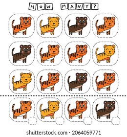 How many counting game with funny tigers. Worksheet for preschool kids, kids activity sheet, printable worksheet