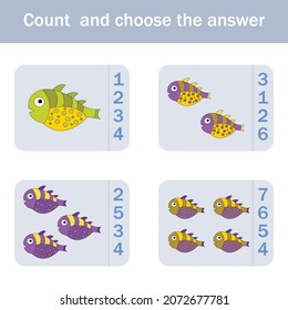 How many counting game with funny fishes. Preschool worksheet, kids activity sheet, printable worksheet