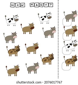 How many counting game with funny  animals cows. Preschool worksheet, kids activity sheet, printable worksheet