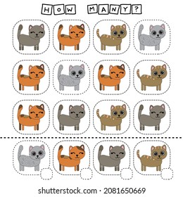 How many counting game with funny cats. Worksheet for preschool kids, kids activity sheet, printable worksheet