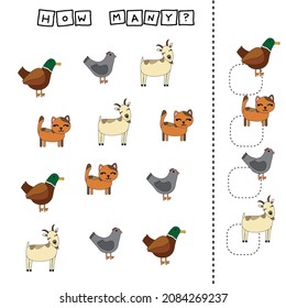 How many counting game with funny  animals chickens, ducks, cats, goats. Preschool worksheet, kids activity sheet, printable worksheet