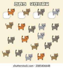 How many counting game with funny cats. Worksheet for preschool kids, kids activity sheet, printable worksheet