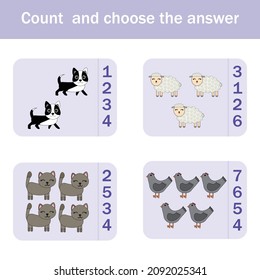 How many counting game with funny forest animal   dogs, cats,sheeps, chickens Preschool worksheet, kids activity sheet, printable worksheet