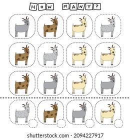 How many counting game with funny goats. Worksheet for preschool kids, kids activity sheet, printable worksheet