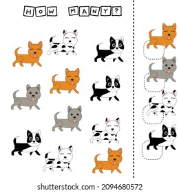 How many counting game with funny animals dogs. Preschool worksheet, kids activity sheet, printable worksheet