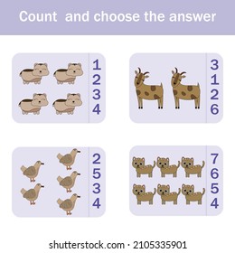 How many counting game with funny forest animal goats, hamsters, cats, ducks. Preschool worksheet, kids activity sheet, printable worksheet