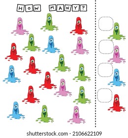 How many counting game with funny cute monsters. Preschool worksheet, kids activity sheet, printable worksheet
