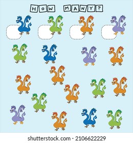 How many counting game with funny cute monsters. Worksheet for preschool kids, kids activity sheet, printable worksheet

