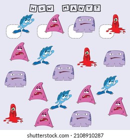 How many counting game with funny cute monsters. Worksheet for preschool kids, kids activity sheet, printable worksheet


