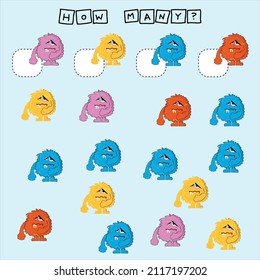 Wie viele zählen Spiel mit lustigen süßen Monstern. Arbeitsblatt für Vorschulkinder, Kinderaktivitätsblatt, Druckbogen

